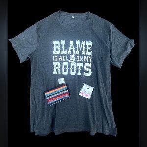 New Women's Dark Gray Graphic Tee & Cowgirl Boots Earrings & Coin Purse BUNDLE